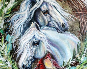 Christmas Card white horses Cardinals snow pine cone