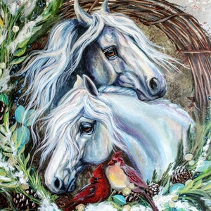 Chevaux blancs de carte de Noël Cardinals cône de pin de neige