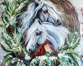 Christmas horse canvas decor red cardinals love