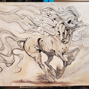 Puede incluir: Un caballo blanco con una melena y cola fluidas, pintado en un estilo abstracto estilizado con líneas negras y grises sobre un fondo beige.