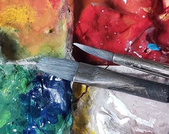 Class supplies. two brushes. and 4 different colors of paint.