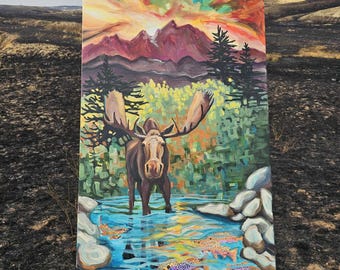 Moose in water. "Watch Where You Step" western art cabin rainbow trout fish mountains sunset light on water