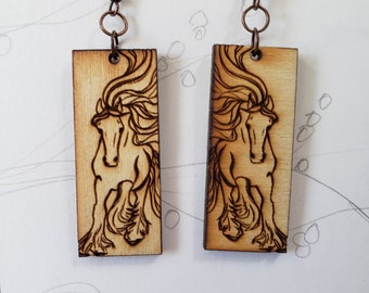 wood burned earrings gypsy vanner draft feather fluffy feet horse equine pony gift