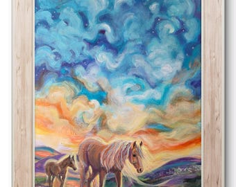 Impressionistische kunst met een merrie en veulen in het zonlicht, verlicht door de maan