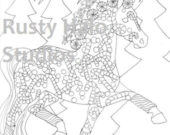 Christmas horse pony candy cane coloring page adult coloring page fun kids activity holiday