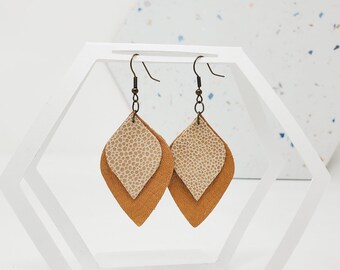 Tan Leather Teardrop Layered Earrings -- Camel and Light Beige Pebbled Genuine Leather Dangle / Drop Earrings in Large Teardrop Shape