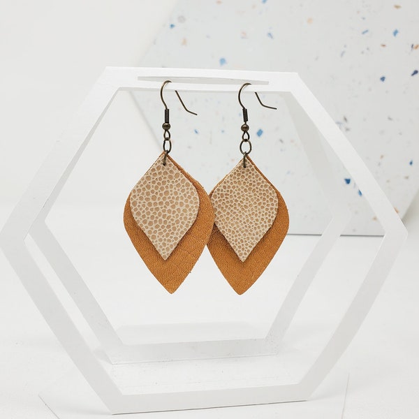 Tan Leather Teardrop Layered Earrings -- Camel and Light Beige Pebbled Genuine Leather Dangle / Drop Earrings in Large Teardrop Shape