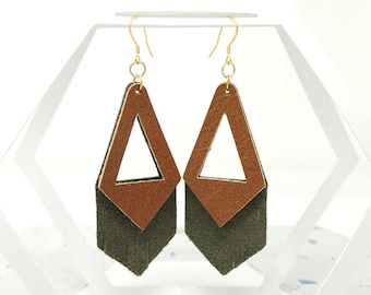 Green & Brown Leather Layered Earrings -- Olive Green and Warm Brown Genuine Leather Drop / Dangle Earrings with Triangle Cutouts and Fringe