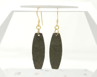 Green Leather Drop Earrings - Olive Green Genuine Suede Leather Dangle Earrings in Rectangular Oval Shape with Stainless Steel Earring Hooks