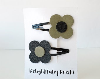 Leather Barrette Set - Flower Shaped Hair Clips in Olive Green and Black Leather