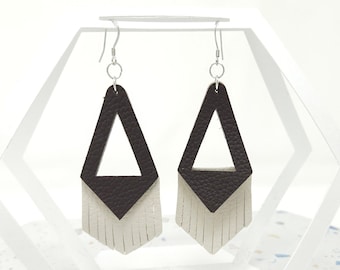 Black & White Leather Layered Earrings -- Black/Brown and Bone White Genuine Leather Drop / Dangle Earrings with Triangle Cutouts and Fringe