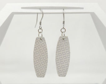 White Leather Drop Earrings - White & Metallic Silver Genuine Leather Dangle Earrings, Rectangular Oval Shape, Stainless Steel Ear Hooks