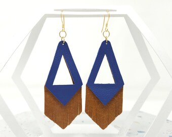 Blue & Brown Leather Layered Earrings -- Royal Blue and Caramel Tan Genuine Leather Drop / Dangle Earrings with Triangle Cutouts and Fringe