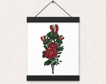 Death Bouquet - Venus Fly Trap Stylized Original Art Print with Wooden Hanger in Black, Natural Oak or White