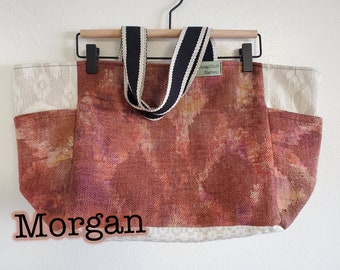 Morgan Upcycled Tote Bag -- Handmade Recycled Upholstery Fabric Farmer's Market Tote Bag in Subtle Red Ikat Print, Fully Lined