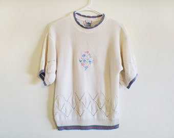 Vintage Floral Knit Grandma Sweater - White Short Sleeve Cricket Lane Knit Sweater with Embroidered Flowers and Pink, Blue & Green Stripes