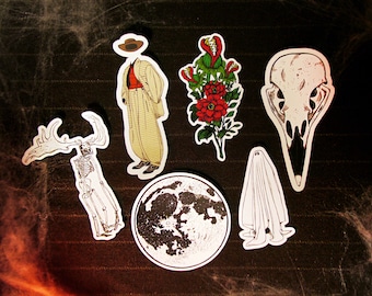 Spooky Season Sticker Pack - Ghost, Moon, Raven Skull, Wendigo Skeleton & More for Halloween - Set of Six Stickers