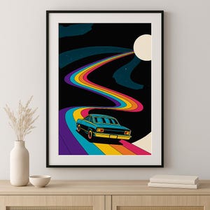 Impresión de arte mural de un coche retro conduciendo hacia la luna: carretera arcoíris psicodélica / Estética pop art vintage de los años 70