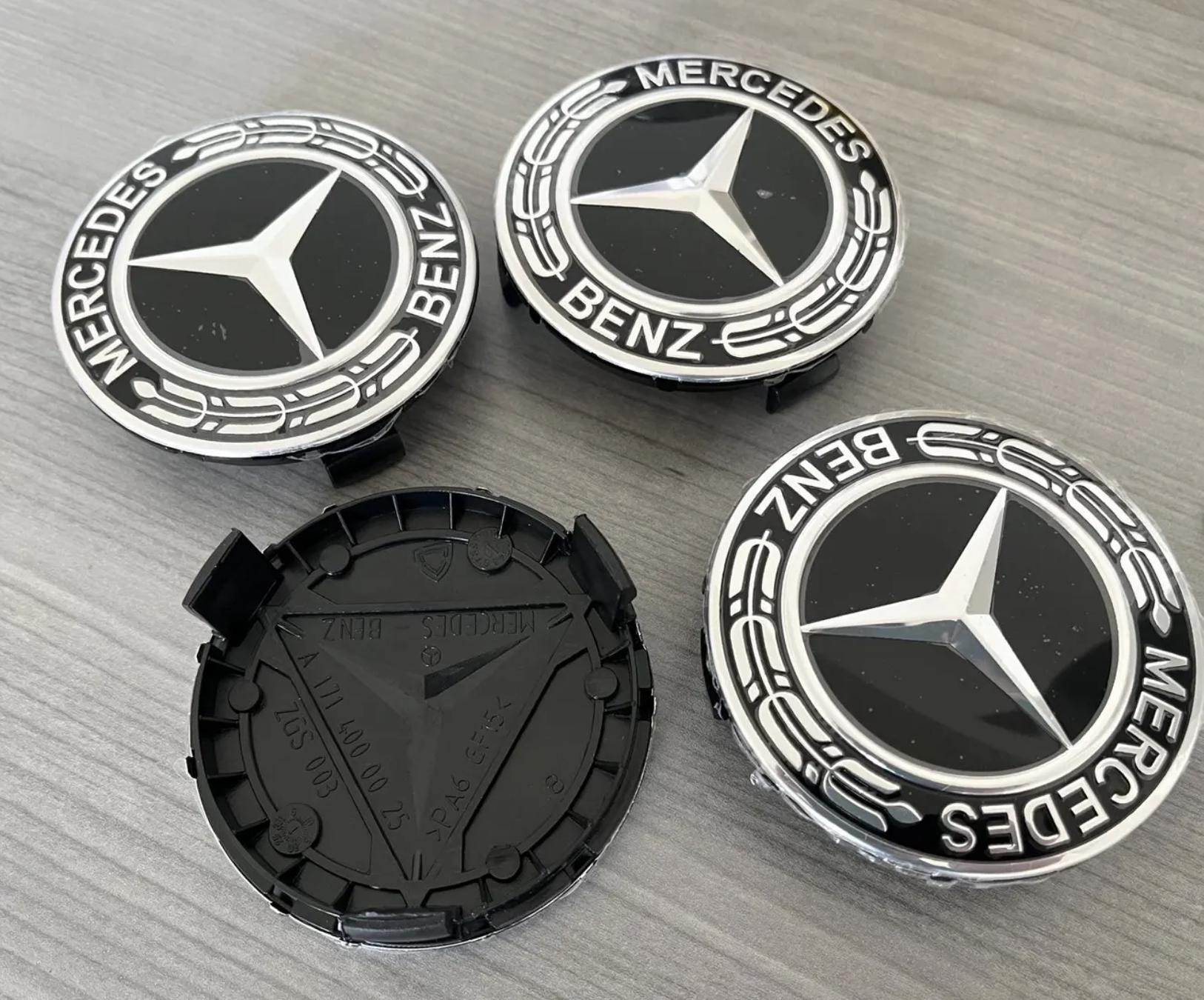 Set of 4 Mercedes Benz Wheel Center Caps Emblem Black Laurel Wreath ...