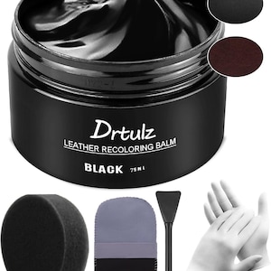 May include: Black leather recoloring balm in a jar, with a sponge, applicator, and gloves. The jar is labeled "Drtulz Leather Recoloring Balm" and contains 75 ml of product. Includes swatches of black and brown leather.
