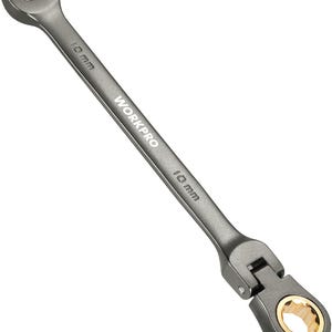 May include: A gray WORKPRO 10 mm combination wrench with a flexible head. The wrench has a silver finish and a gold-colored ratchet mechanism. The open end is at the top, and the brand name is printed on the handle.