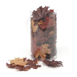 May include: A clear cylindrical container filled with artificial autumn leaves in shades of brown, red, and tan. Some leaves are scattered in front of the container. The leaves have a maple leaf shape, perfect for fall decor.