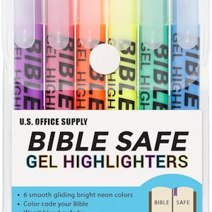 May include: A package of Bible Safe gel highlighters in a clear plastic container. The highlighters are in six bright neon colors: purple, pink, orange, yellow, green, and blue. The package includes the text "Bible Safe Gel Highlighters".