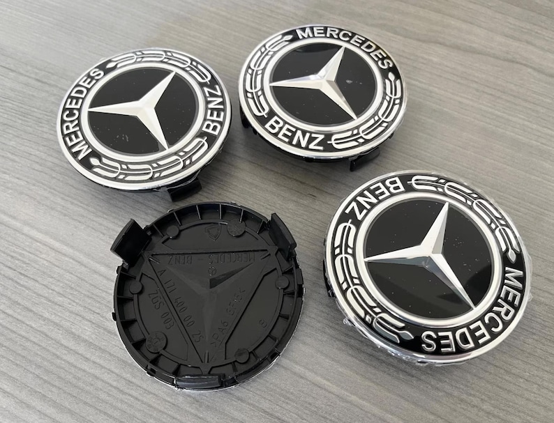 4x Black Mercedes Rim Center Hubcaps - 75mm Wheel Emblem Badge Set