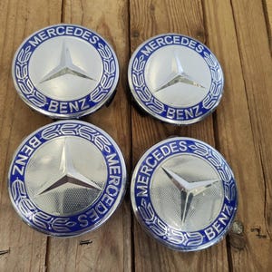 Set of 4 mercedes-benz 75mm classic dark blue wheel rims center hub caps covers amg wreath brand new