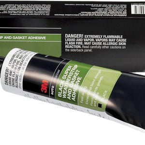 May include: Black Super Weatherstrip and Gasket Adhesive by 3M. The product is in a black tube and box. The tube contains 5 fl oz (147 mL) of adhesive. The box has the number 2 on it.