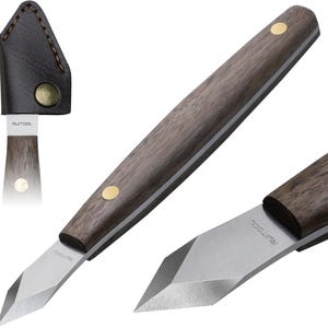 May include: A marking knife with a dark wood handle, a brass rivet, and a silver-colored steel blade featuring the RUITOOL brand name. The knife is shown with a dark brown leather sheath that has a brass snap button closure and visible stitching.