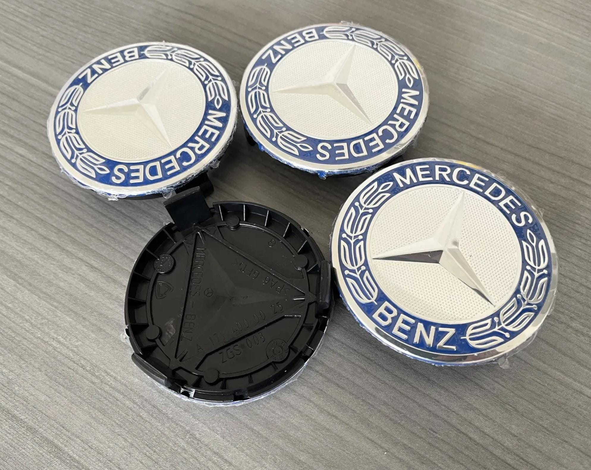 Set of 4 Mercedes Benz Wheel Center Caps Emblem Blue Laurel Wreath 75mm ...