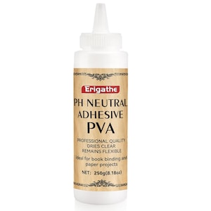 May include: White bottle of Erigathe PH Neutral Adhesive PVA. The label includes text: "PROFESSIONAL QUALITY, DRIES CLEAR, REMAINS FLEXIBLE." The bottle contains 250g (8.18oz) of adhesive, suitable for bookbinding and paper projects.