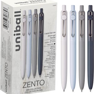 May include: A box set of Uniball Zento pens in the Zen Collection. The box and pens are white, light blue, gray, and dark blue. The pens have a seamless soft grip barrel and liquid gel ink. The box says "12 Assorted Barrel Colors".