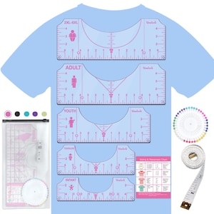 May include: A light blue t-shirt with pink sizing guides for various sizes, including adult, youth, and infant. The image also shows a clear plastic bag with a ruler, a pin wheel, a measuring tape, and a sizing chart.