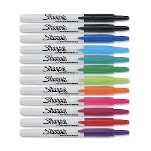 May include: A collection of Sharpie retractable markers in various colors. Each marker has a white barrel with the brand name and "RETRACTABLE" printed on it. The colors include black, blue, turquoise, green, lime green, orange, pink, burgundy, red, and purple.