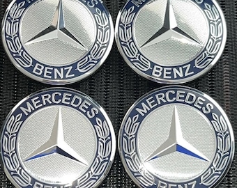 Set van 4 mercedes-benz 75 mm klassieke donkerblauwe velgen naafdoppen covers amg krans