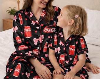 Coca-Cola Satin Pajama Set – Pink Bows & Hearts Valentine Sleepwear