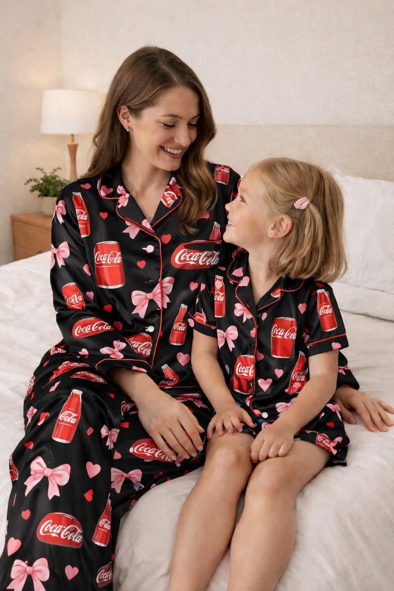 K&ouml;nnte beinhalten: Schwarzer Coca-Cola-Pyjama mit roter Paspel, verziert mit Coca-Cola-Logos, rosa Schleifen und Herzen. Eine Frau und ein Kind tragen den Pyjama auf einem Bett. Der Pyjama ist aus einem weichen, seidigen Material.