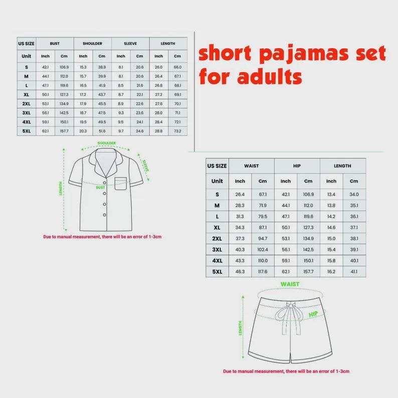 May include: Diagram of a short pajamas set for adults, including a button-down shirt and shorts. The image features size charts with measurements in inches and centimeters for bust, shoulder, sleeve, waist, hip, and length.