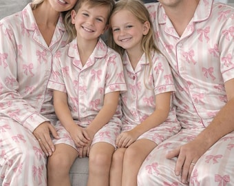 Personalized Pink Bow Satin Pajama Set, Girly Coquette Sleepwear