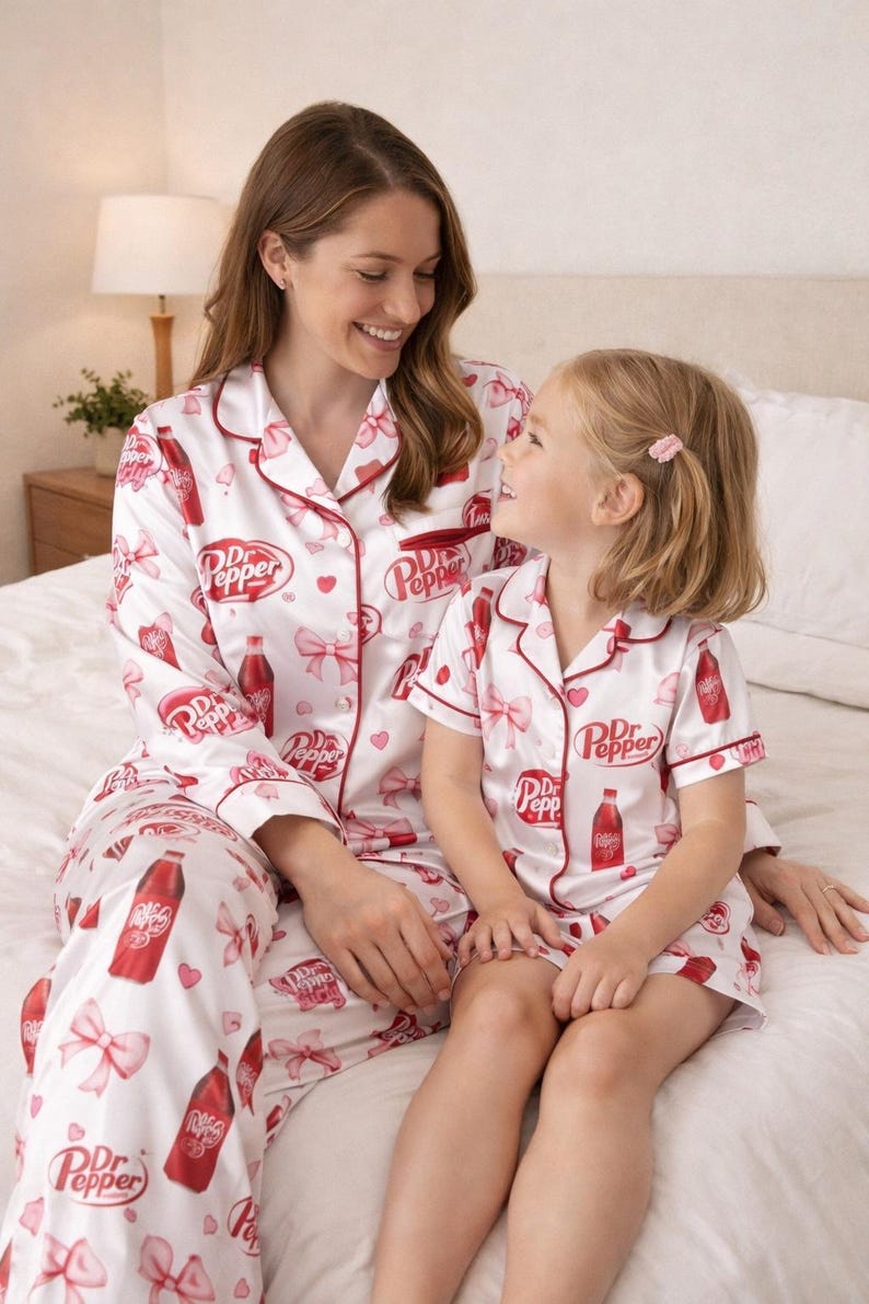 May include: Matching white Dr. Pepper pajamas with red trim, featuring Dr. Pepper bottles and bows. A woman and a child are wearing the pajamas while sitting on a bed. The pajamas have the Dr. Pepper logo.