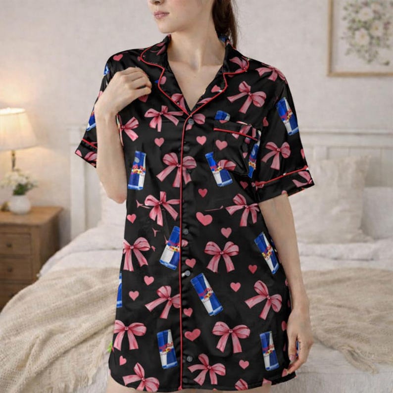 Women's Red Bull Print Satin Pajama Shirt Dress with Bows Hearts black