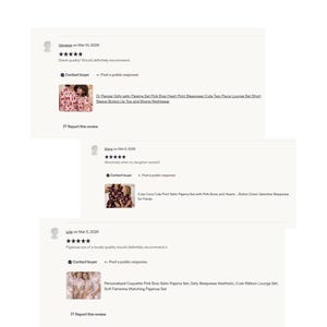 K&ouml;nnte beinhalten: Screenshot von Etsy-Kundenbewertungen. Die Bewertungen enthalten Produktbilder von Pyjamas mit verschiedenen Mustern, darunter Herzen und Schleifen. Die Bewertungen sind positiv, Kunden empfehlen die Produkte.