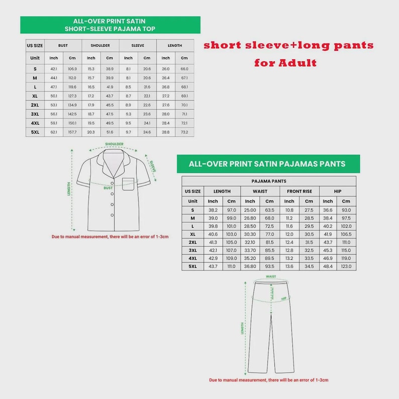 May include: Detailed size charts for satin pajama sets, including short-sleeve tops and long pants. Measurements are provided in inches and centimeters for bust, shoulder, sleeve, length, waist, front rise, and hip. The text indicates the sets are for adults.