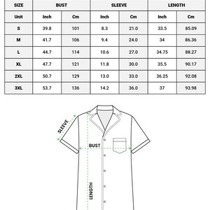 May include: A diagram of a satin pajama shirt dress with measurements in inches and centimeters. The chart shows bust, sleeve, and length measurements for sizes S to 3XL. The text at the top reads "AOP WOMEN'S SATIN PAJAMA SHIRT DRESS."