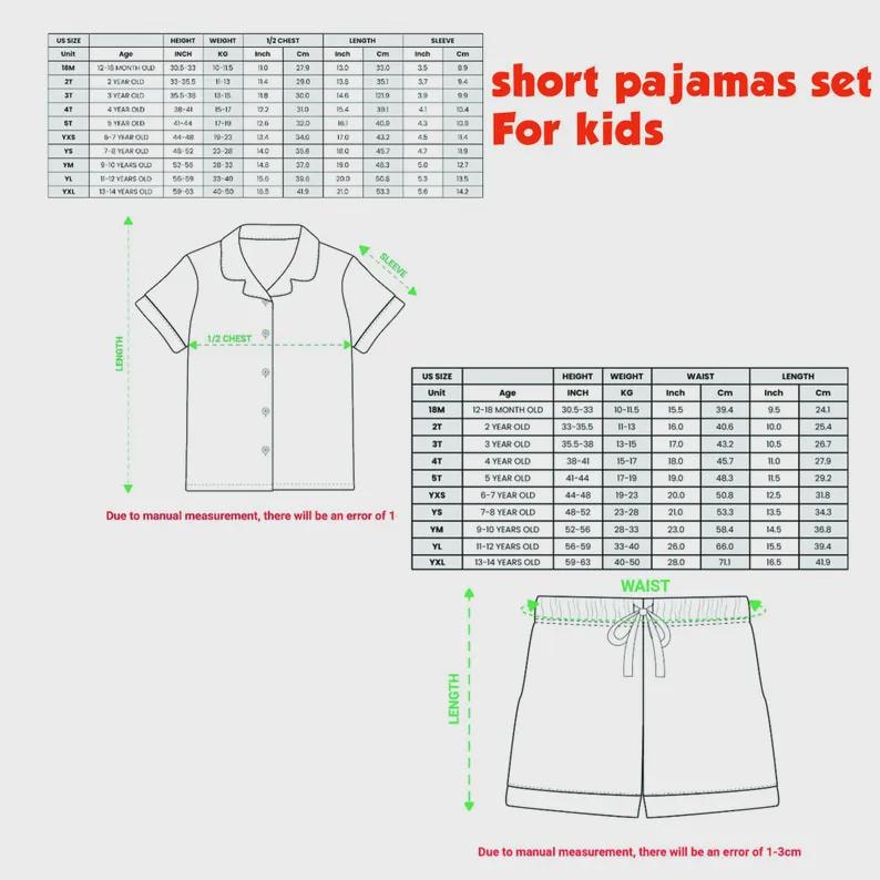 May include: White background with a diagram of a short pajamas set for kids. The diagram includes a short-sleeved shirt and shorts, with size charts in inches and centimeters. Text on the image reads "short pajamas set For kids."