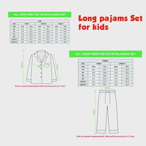 May include: Diagram of a long satin pajama set for kids, including a top and pants. The image includes size charts with measurements in inches and centimeters for chest, length, sleeve, waist, and pant length. Text reads "Long pajams Set for kids."