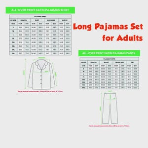 May include: A white background displays size charts for satin pajamas, including shirt and pants measurements in inches and centimeters. The text "Long Pajamas Set for Adults" is in red. Diagrams of the shirt and pants are also shown.