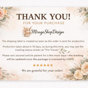 May include: A thank you card with a floral design. The card features the text "THANK YOU! FOR YOUR PURCHASE" and the shop name "MirageShopDesign". The card has a watercolor design with roses and greenery.